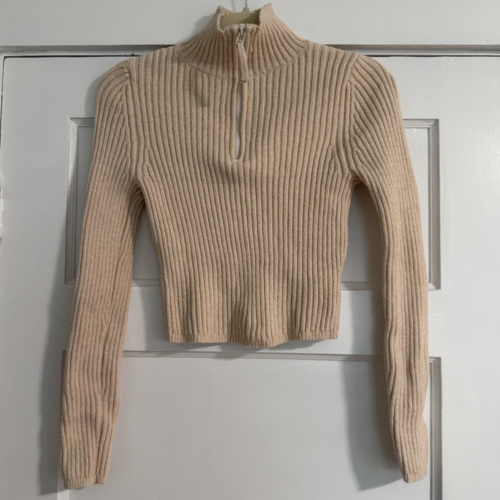 Aerie Small Cropped 1/4 Zip Minimalist Preppy Ribbed Sweater